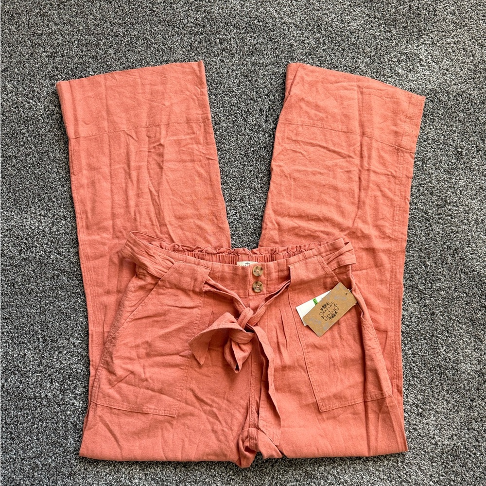 Wide-Leg Linen Blend Pants with Tie Waist - Coral